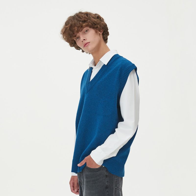 LAMBSWOOL V NECK KNIT VEST_BLUE