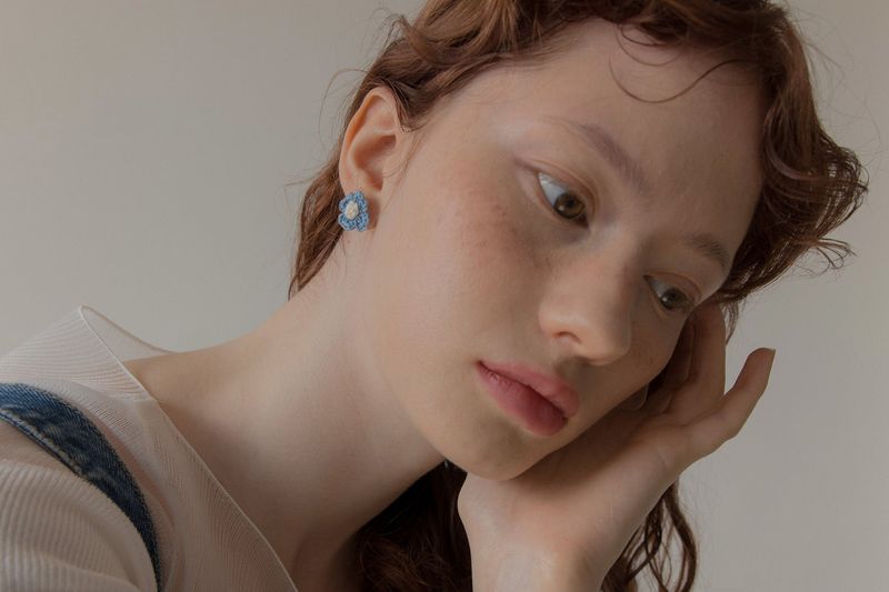 Vintage knit flower earring (Denim)