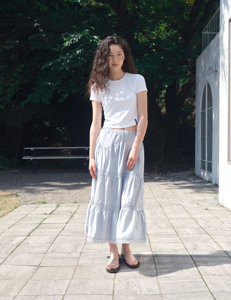 Floral Lace Tiered Skirt_Blue Grey