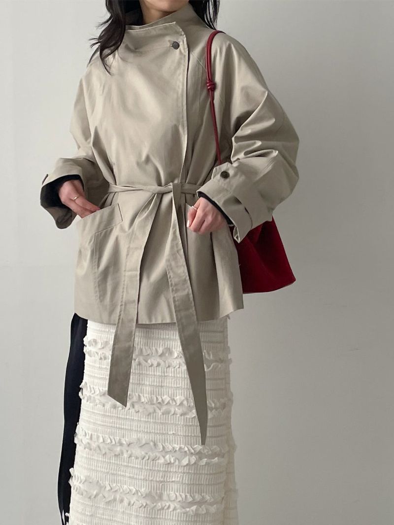 High-neck belted half trench coat