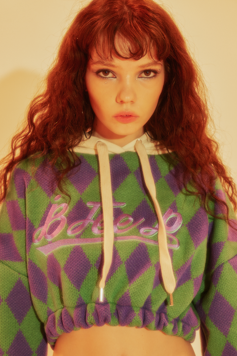 big logo argyle crop hood_purple&green