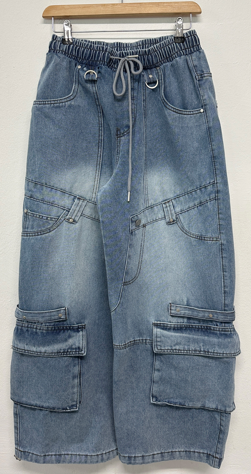 HIP RIVET KEYRING DOWN CARGO DENIM LONG PANTS🩵🩶 - 2 COLORS