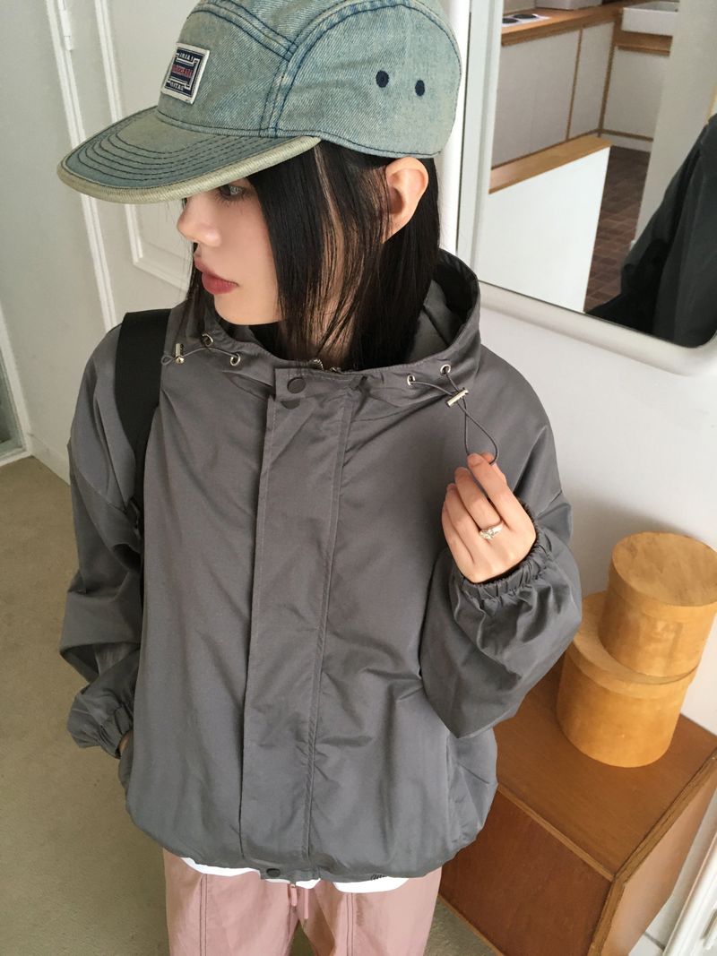 Linick high neck hooded nylon two-way zip-up