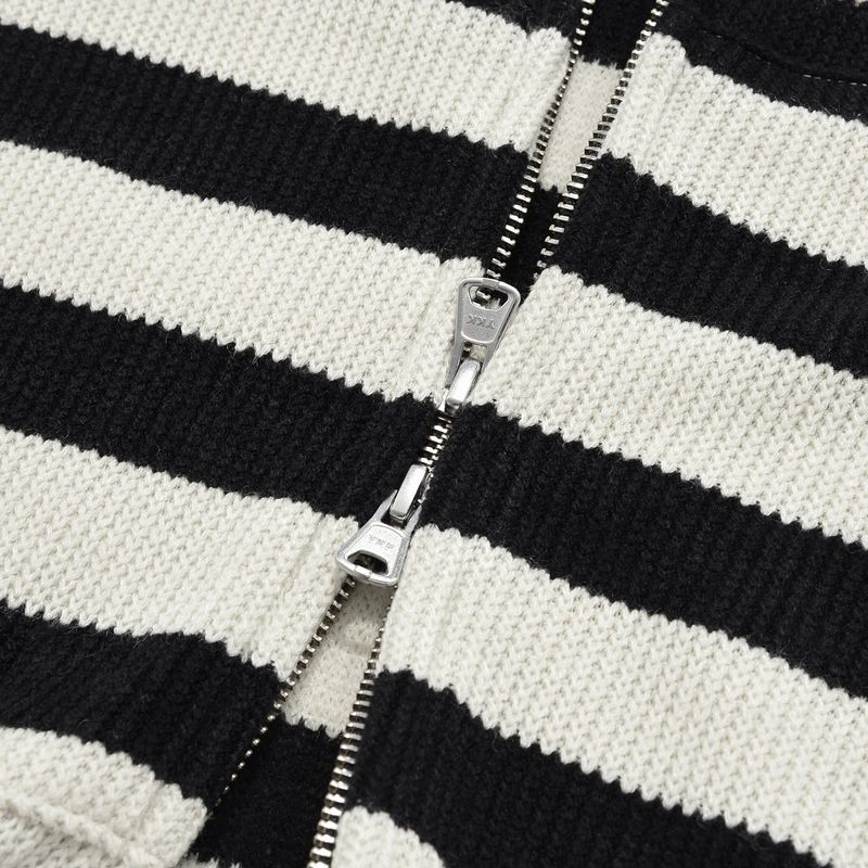 Striped knit hooded zip up / Ivory black