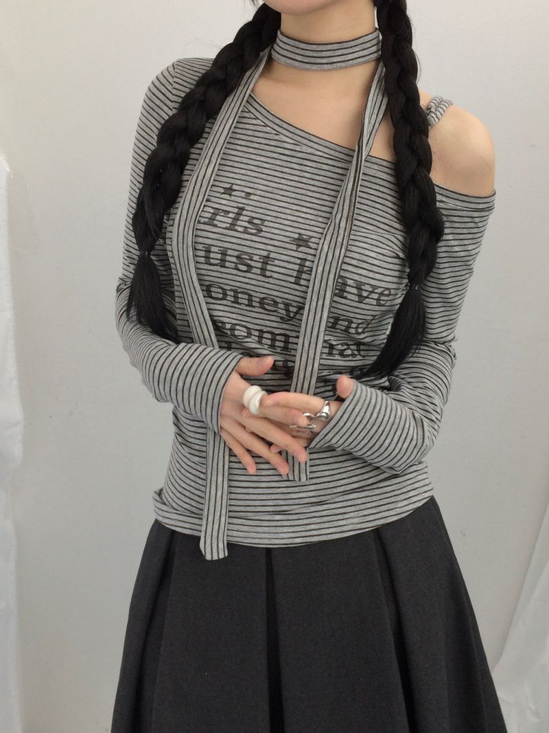 striped tie-neck top