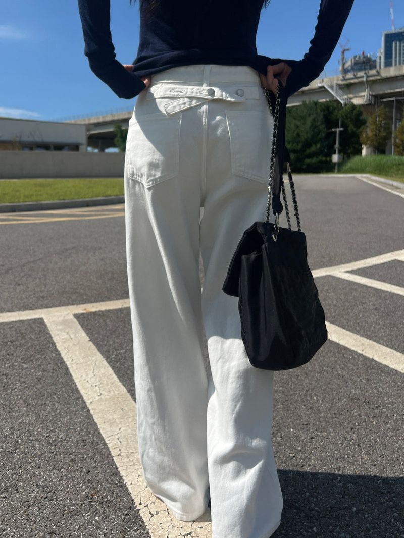 Y2K Back Point X Strap Bijo Wide Loose Fit Denim Long Pants (White)