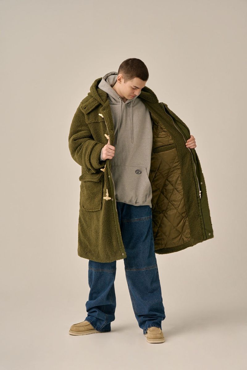 DUFFLE FLEECE HOODED COAT - KHAKI