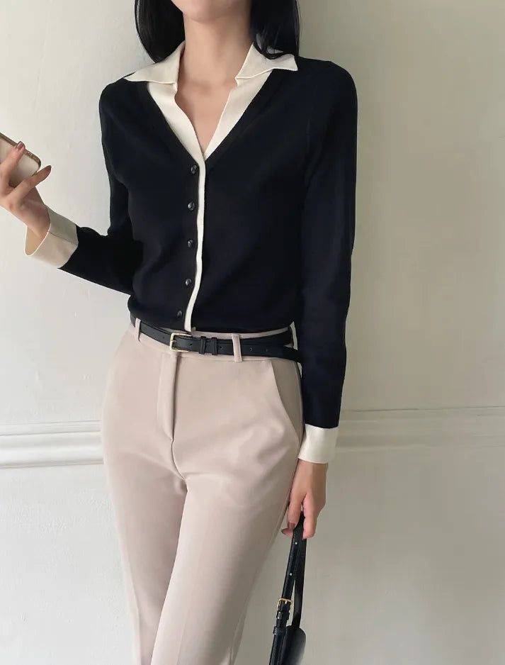iam mari（アイアム マリ）の「Metin Color Matching Collar V-Neck Knit Cardigan（Tops）」