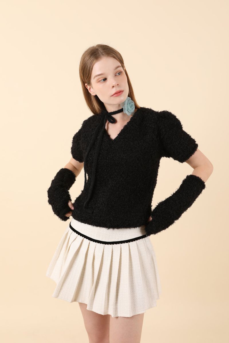 Feminine Puff Knit Warmer Set Black