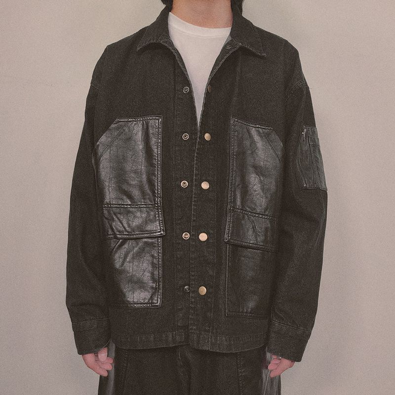 faux leather mix denim shirt_black