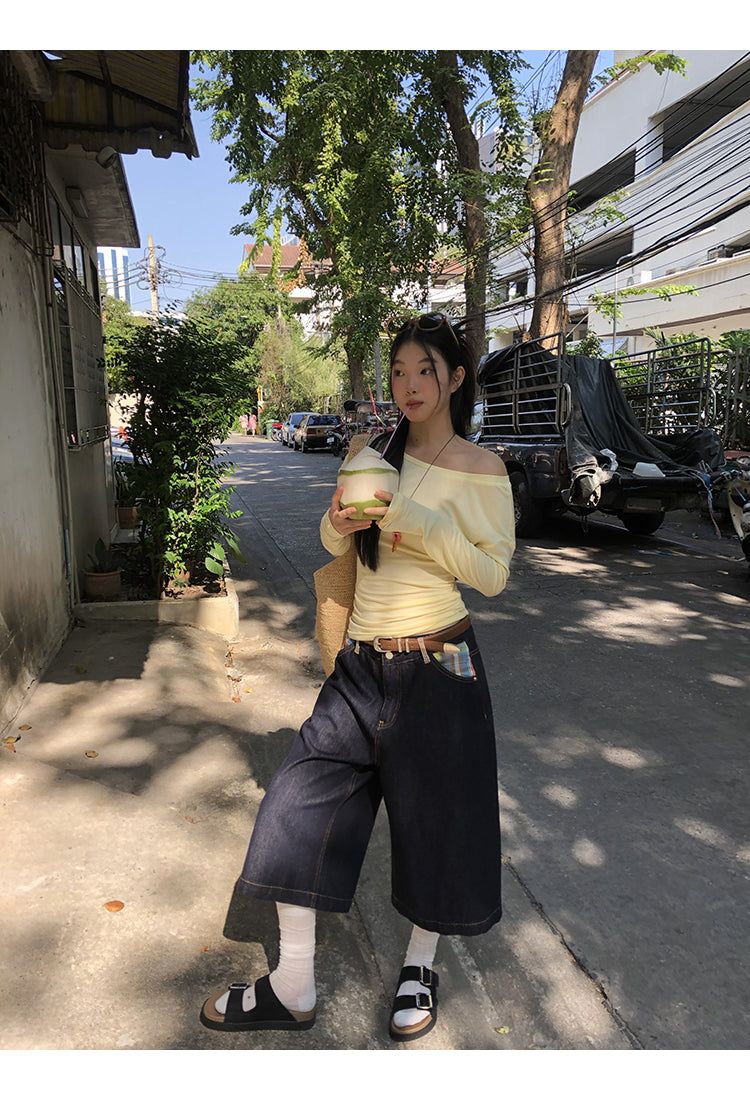 Checked pocket dark blue wide cropped denim