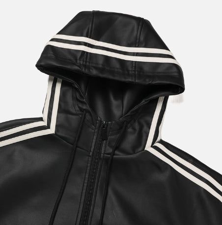 Track shirring leather hooded jacket