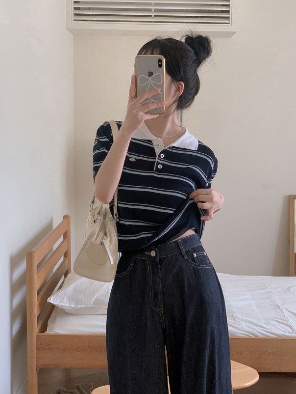 Border Collar Button Short Sleeve Knit (4color)