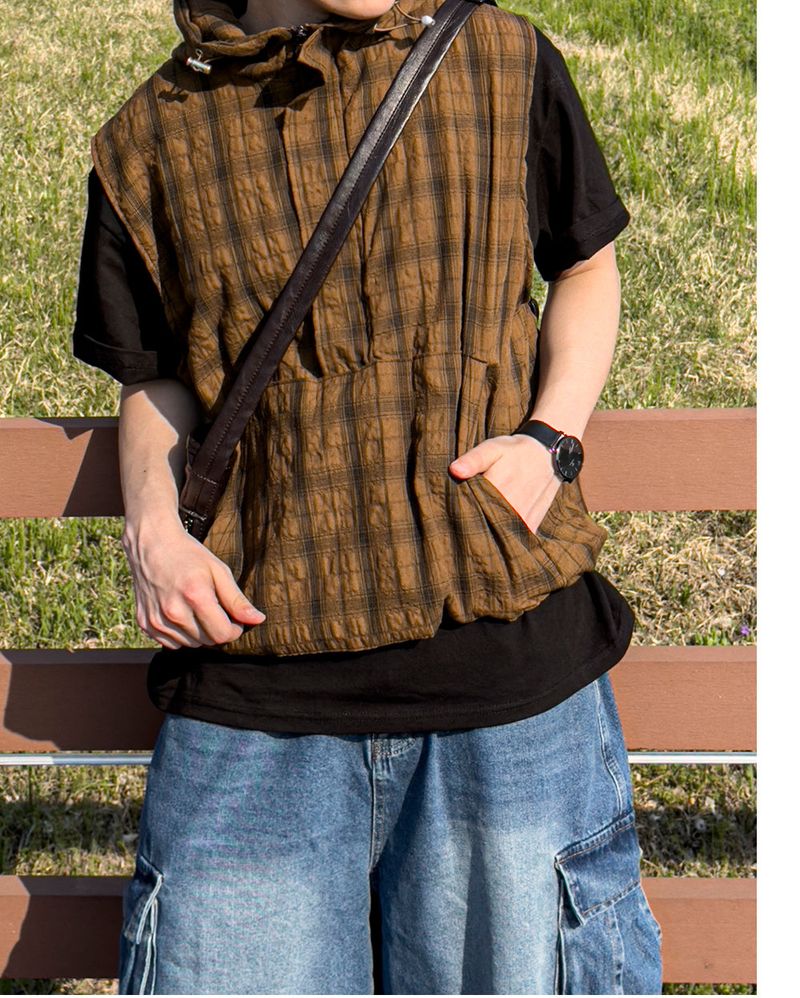 Crinkle Check Hooded Anorak Vest