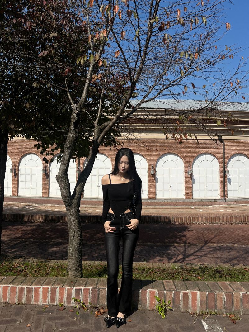 Color combination stitch gradient washed high waist spandex bootcut pants (Black)
