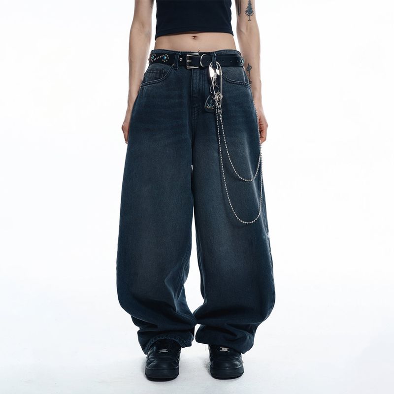 Lettering Wide Denim Pants - BLACK
