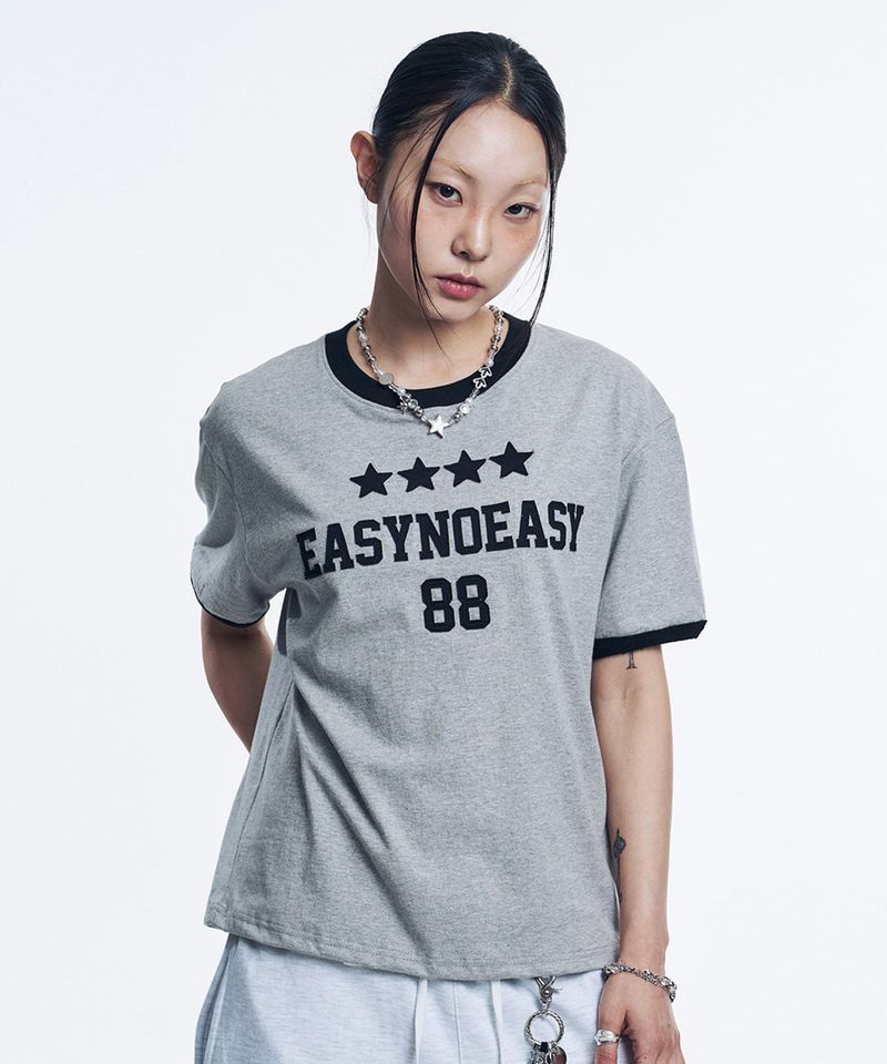 Numbering Patch Crop Ringer T-Shirt - Gray