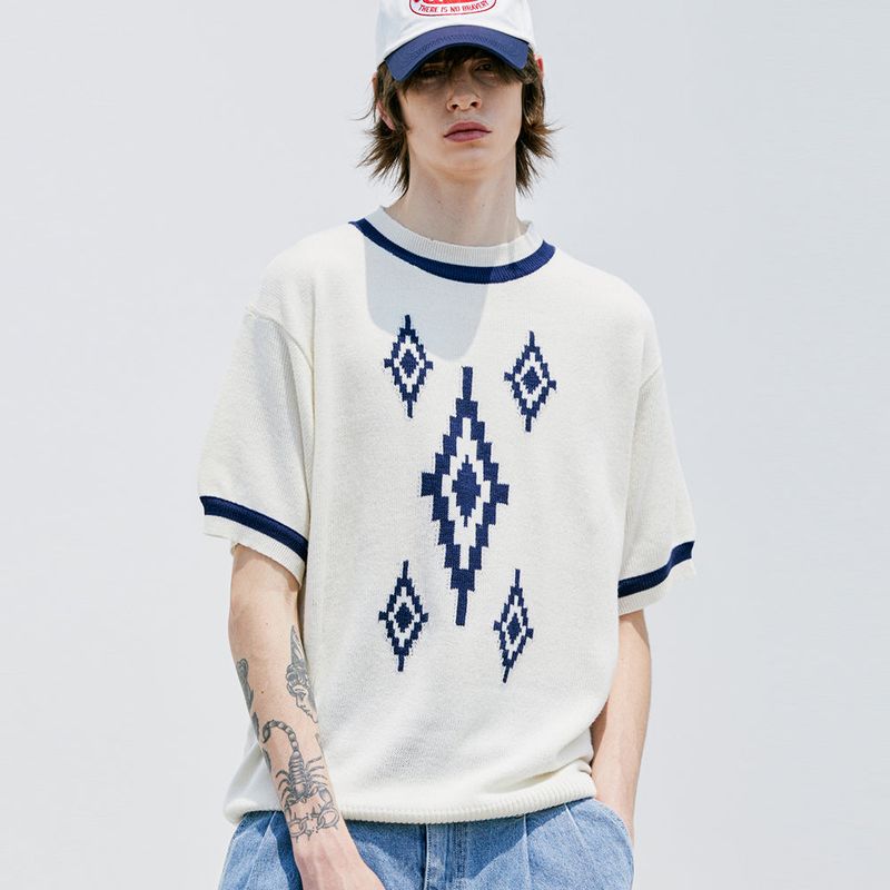 NAVAJO PATTERN RINGER HALF KNIT CREAM