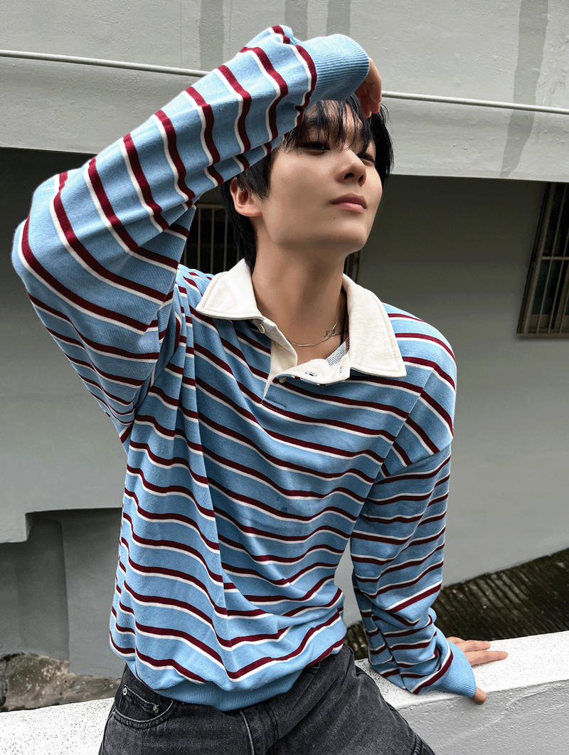 Sweat collar striped sweatshirt
