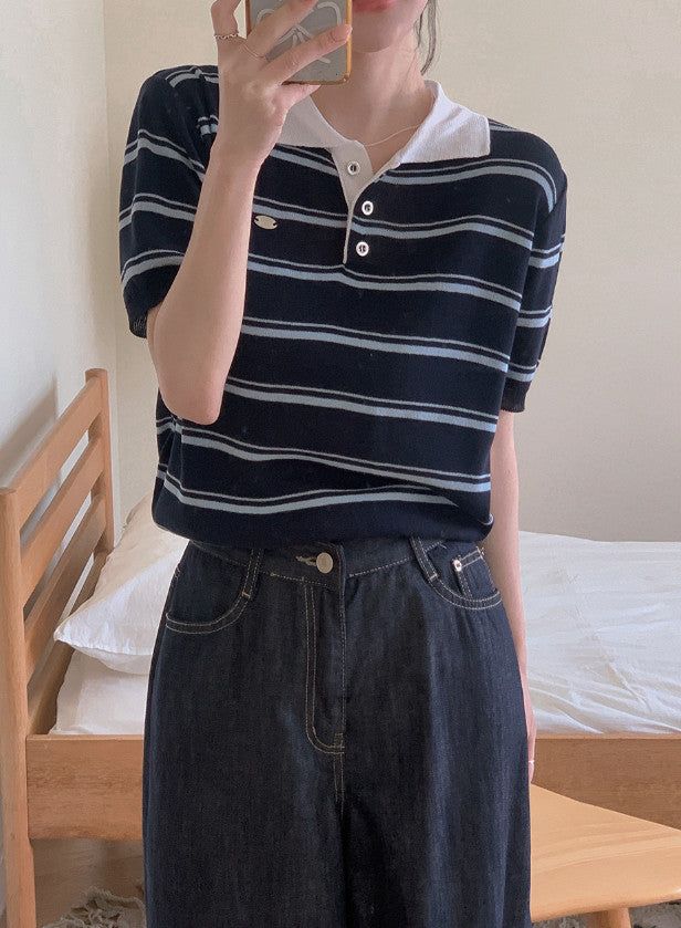 Border Collar Button Short Sleeve Knit (4color)