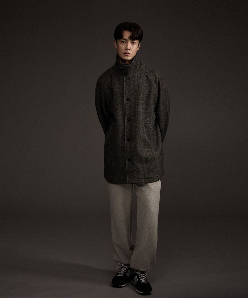 BALMACAAN HERRINGBONE WOOL CASHMERE HALF COAT BLACK