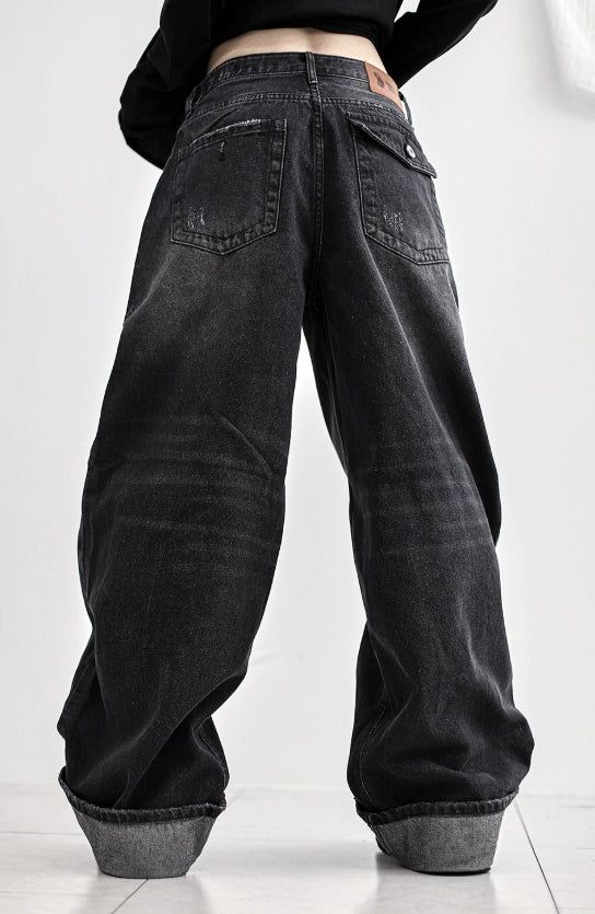 Cuffed cat washing denim pants