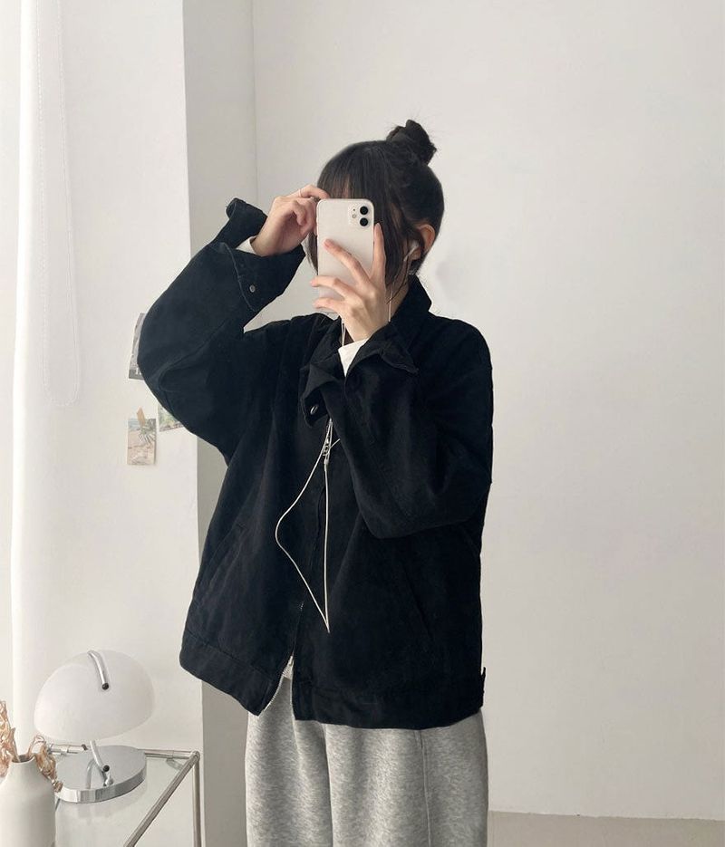 Rentto Basic Collar Zipper Loose Fit Cotton Jacket