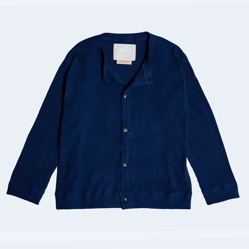 DAMP ROUND-NECK WAFFLE CARDIGAN_NAVY