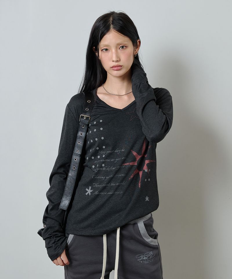 ODDSTUDIO（オッドスタジオ）の「V-Neck Shirring Star Long Sleeve - MELANGE CHARCOAL（Tops）」