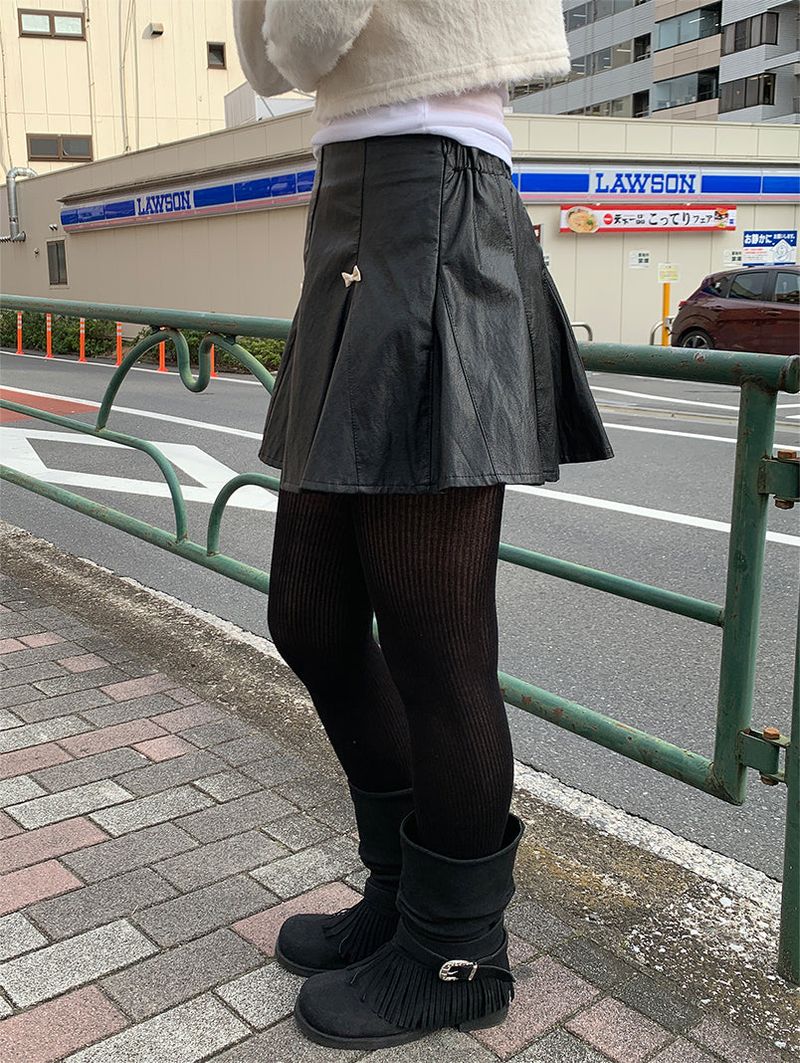 RIBBON FLARE LEATHER MINI SKIRT (2C)
