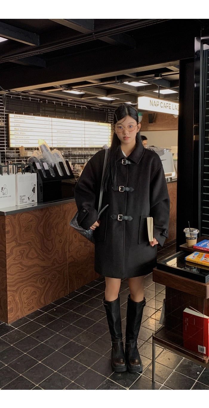 wool black collar buckle half coat