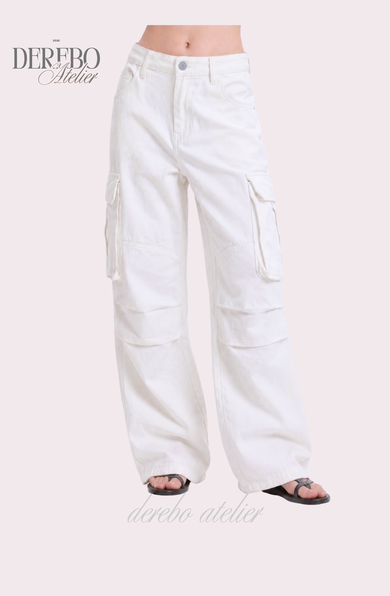 white wide pocket cotton casual pants