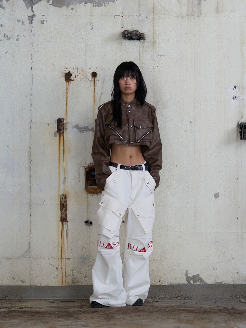 Leather Crop Cargo Jacket (Brown)
