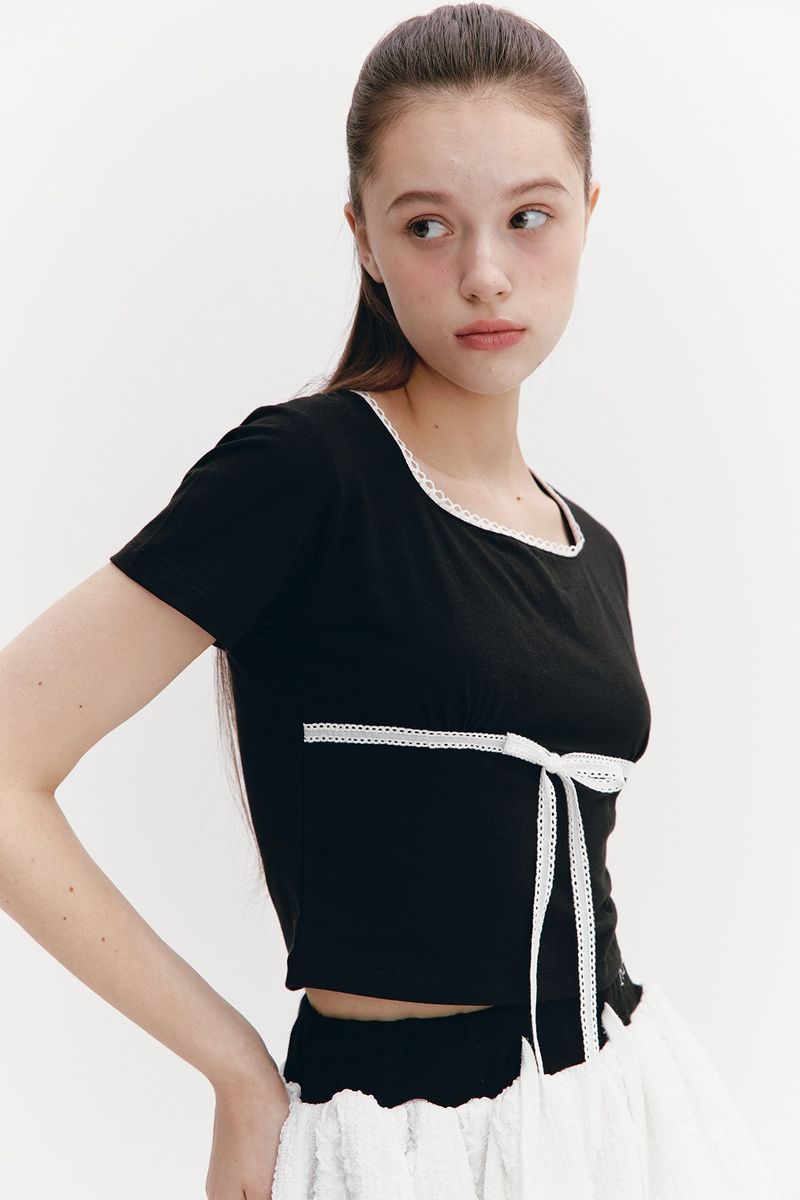 Lace Ribbon Shirring Top Black