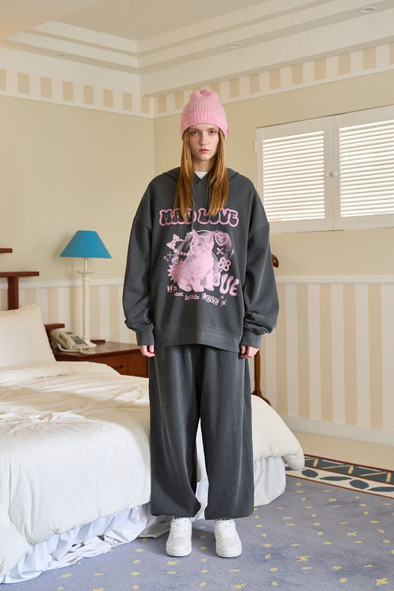 MEOW PRINTING HOOD T CHARCOAL
