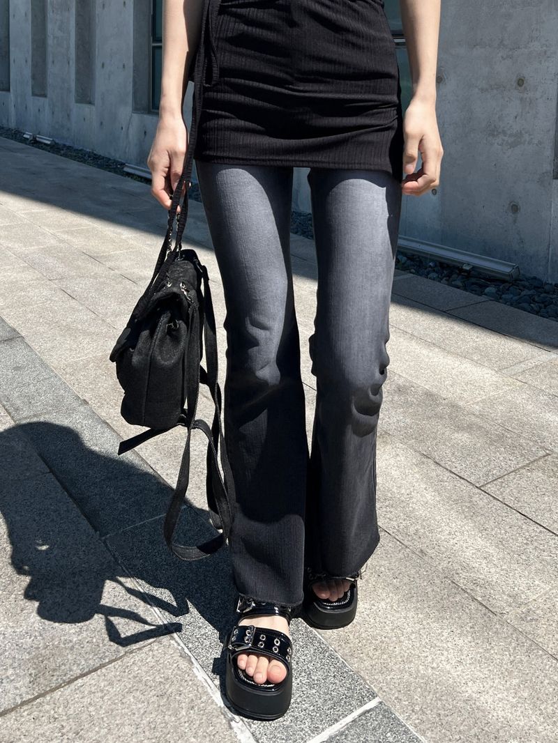 Gradient Washed High Waist Span Long Bootcut Denim Pants (Black)