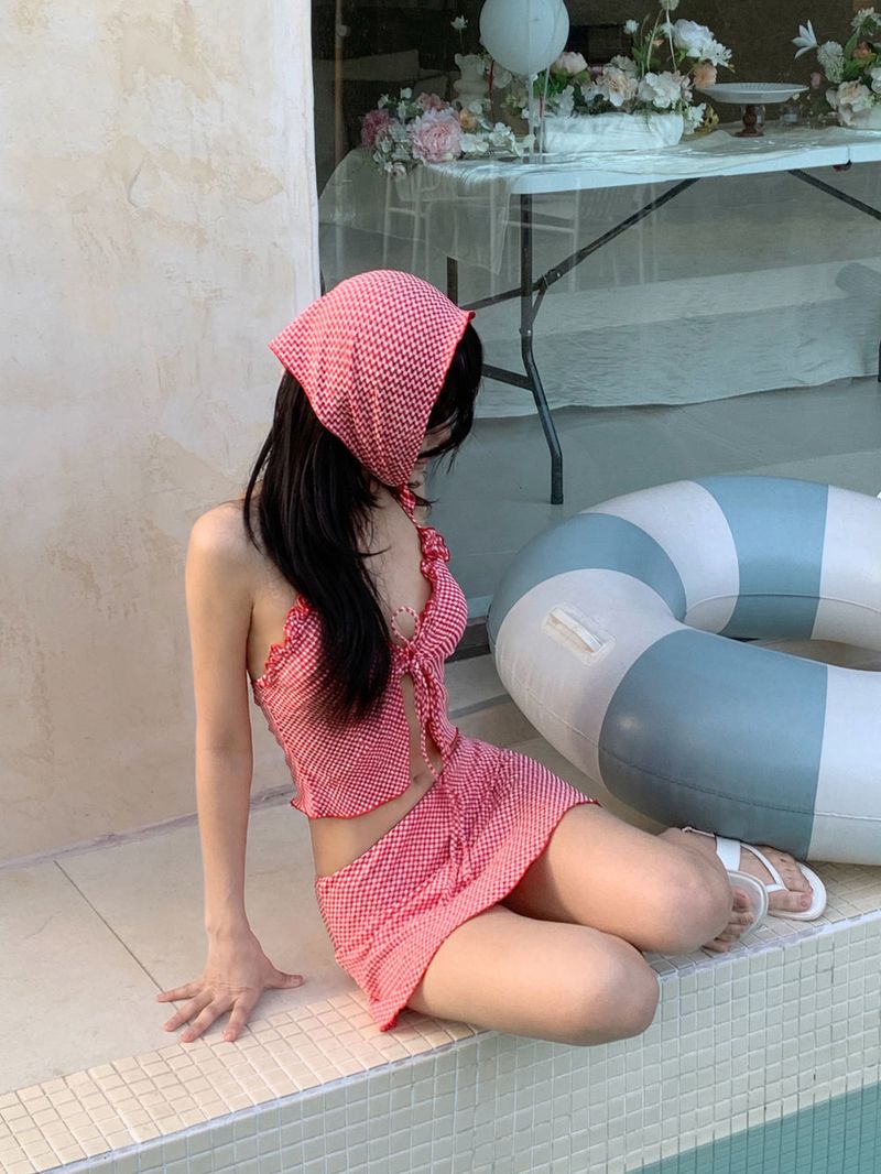 Picnic Girl Gingham Headscarf 3pcs Bikini SET