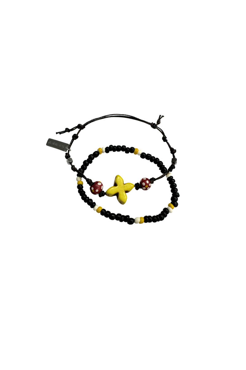 Budded cross wood leather layered bracelet