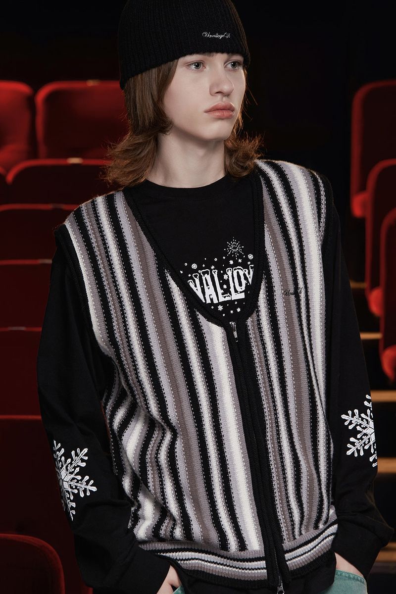 STRIPE ZIP KNIT VEST / BLACK