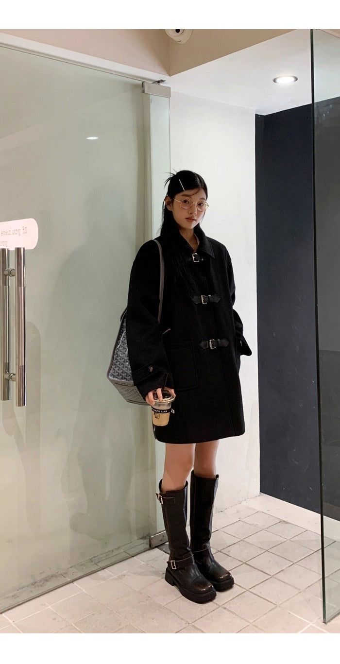 wool black collar buckle half coat