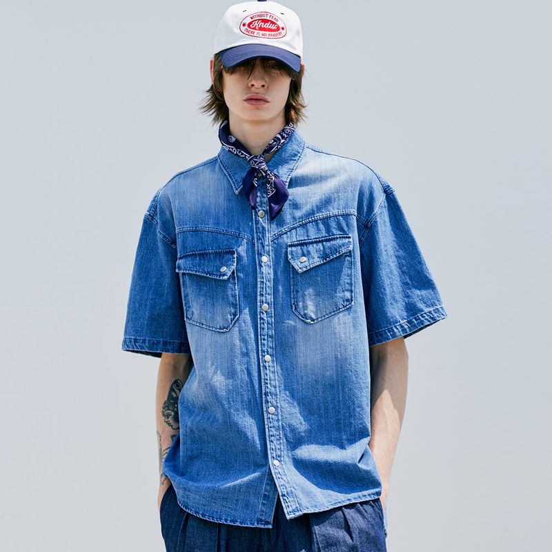 WASHED DENIM WESTERN SHIRT BLUE