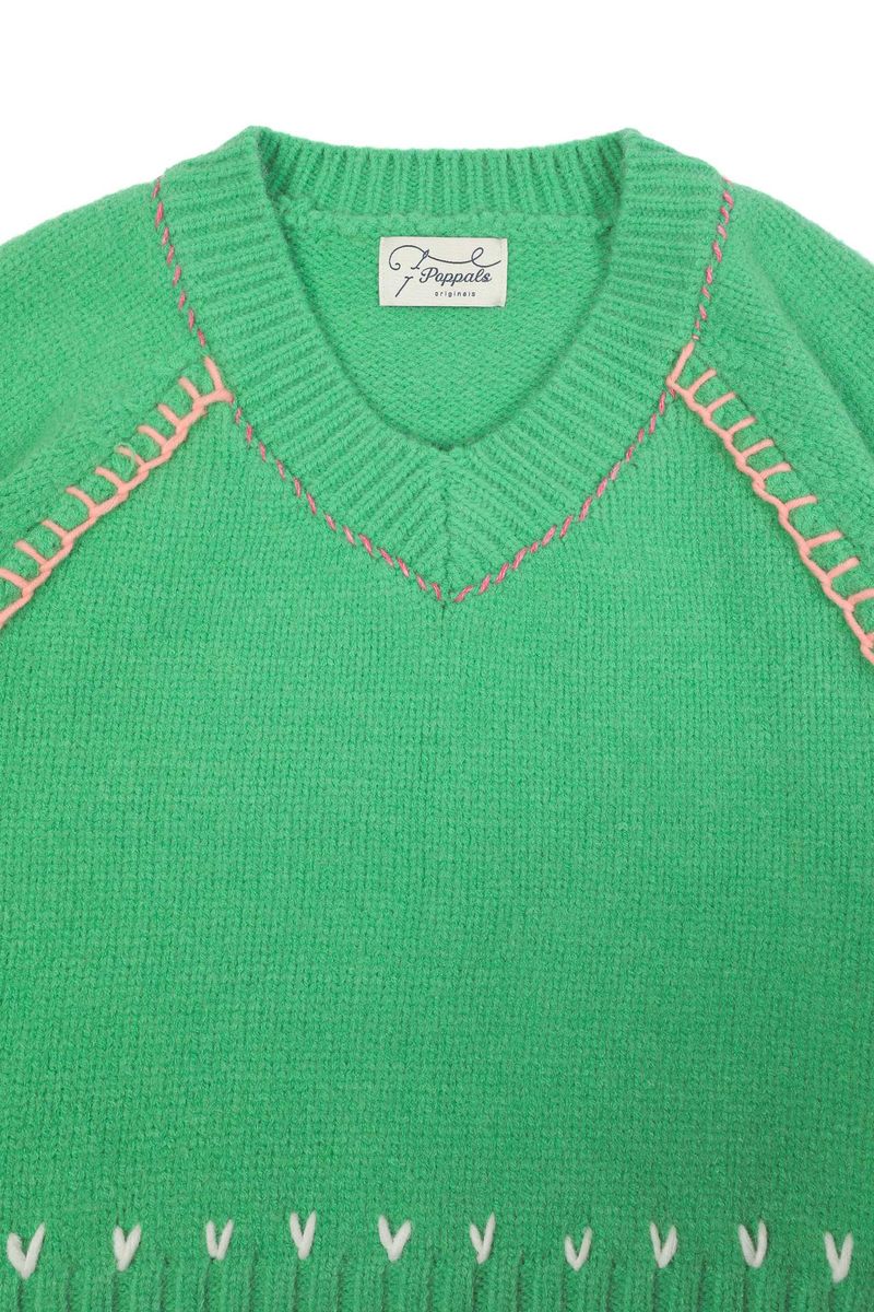 Heart Needle V-neck Knit [Green]