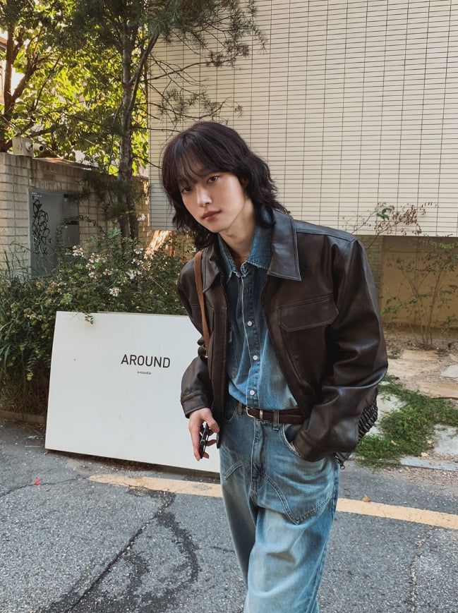 Brick pocket leather jacket