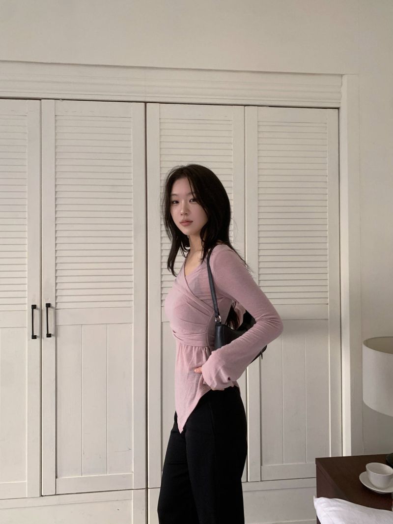 Berre Wrap Shirring Asymmetric Long Sleeve Tee
