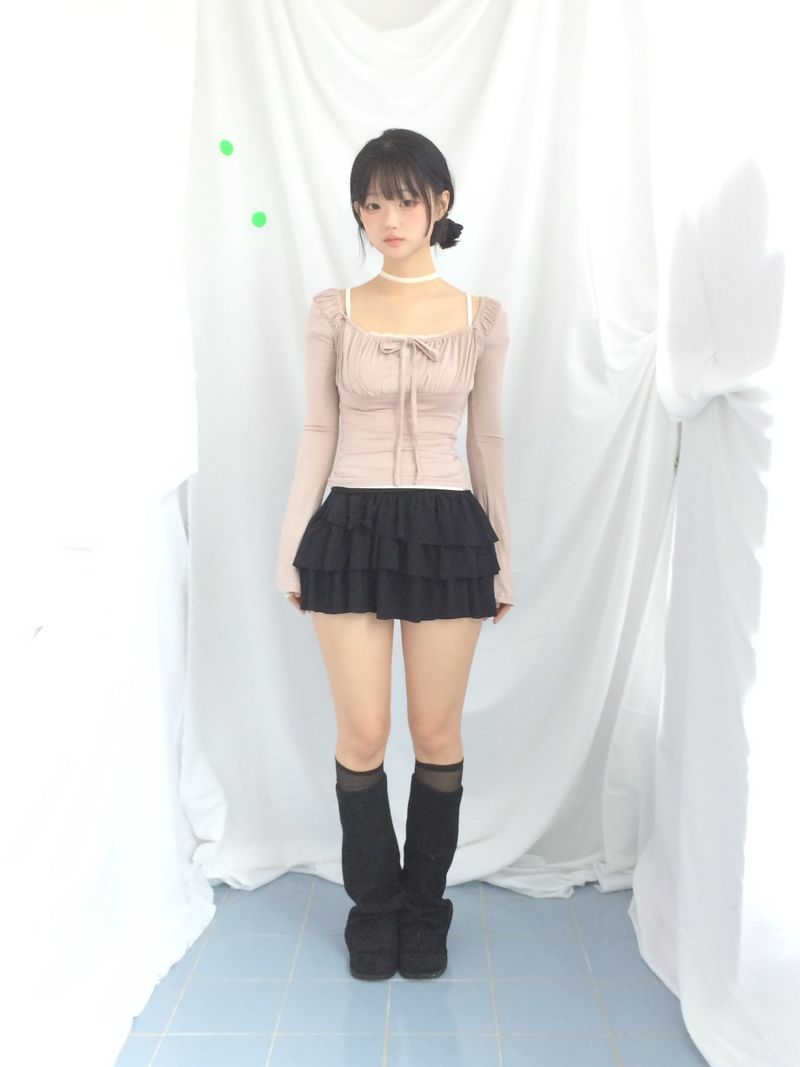 Slim Fit Ribbon Shirring Top