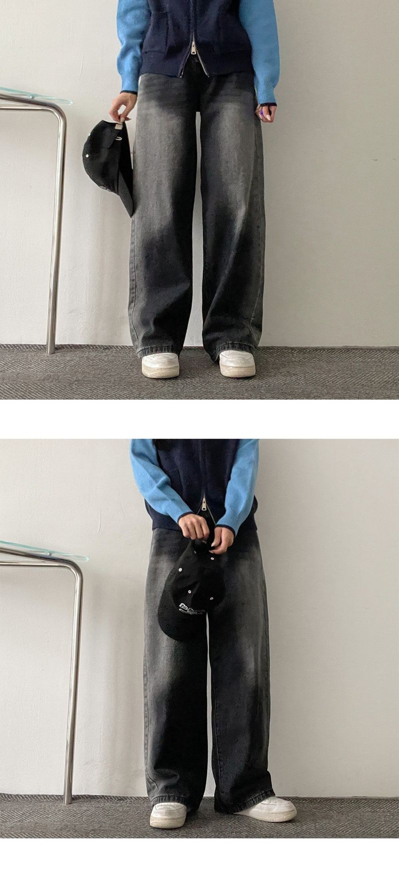 Lef back banding deep washed wide denim pants
