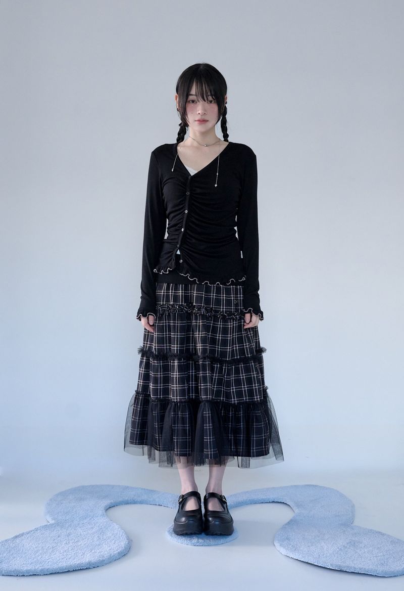 FOLDED CHECK FRILL MESH SK BLACK
