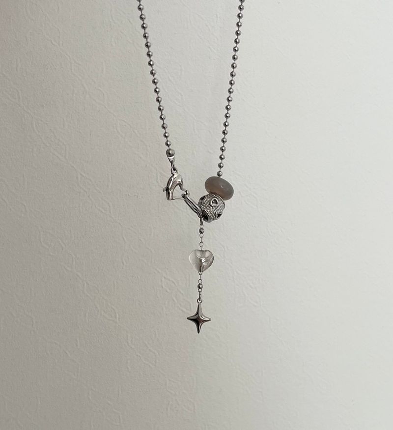 yio Gray gemstone heart Rondell star Surgical two way y Beads Bold Choker Short Layered Necklace