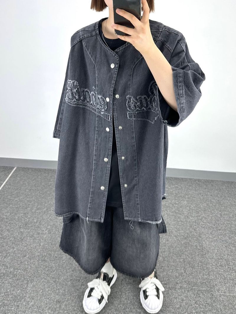 Baseball denim short-sleeved shirt