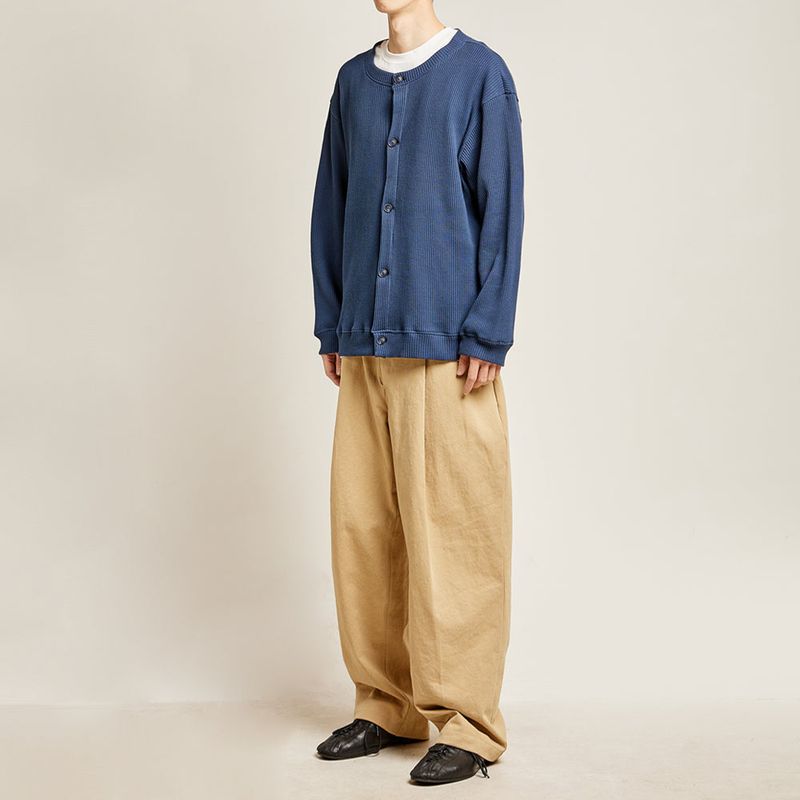 DAMP ROUND-NECK WAFFLE CARDIGAN_NAVY